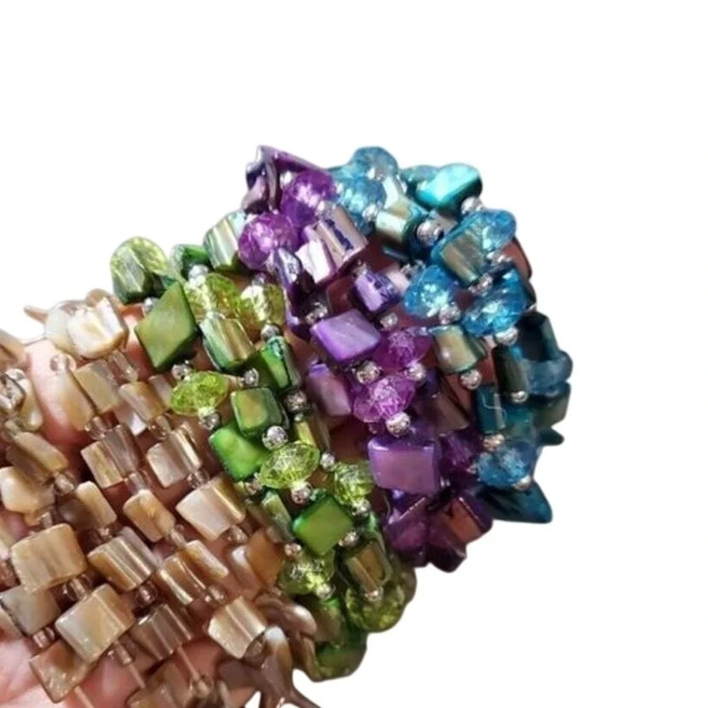 Mother‎ of Pearl Shell Stretch Bracelets Iridescent Blue Green Purple Tan Bundle